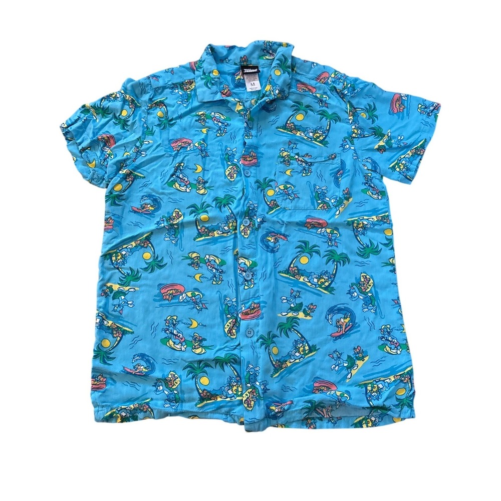 Tom and Jerry Button Down Shirt Mens Blue Tropical Island Cartoon Print SIZE M